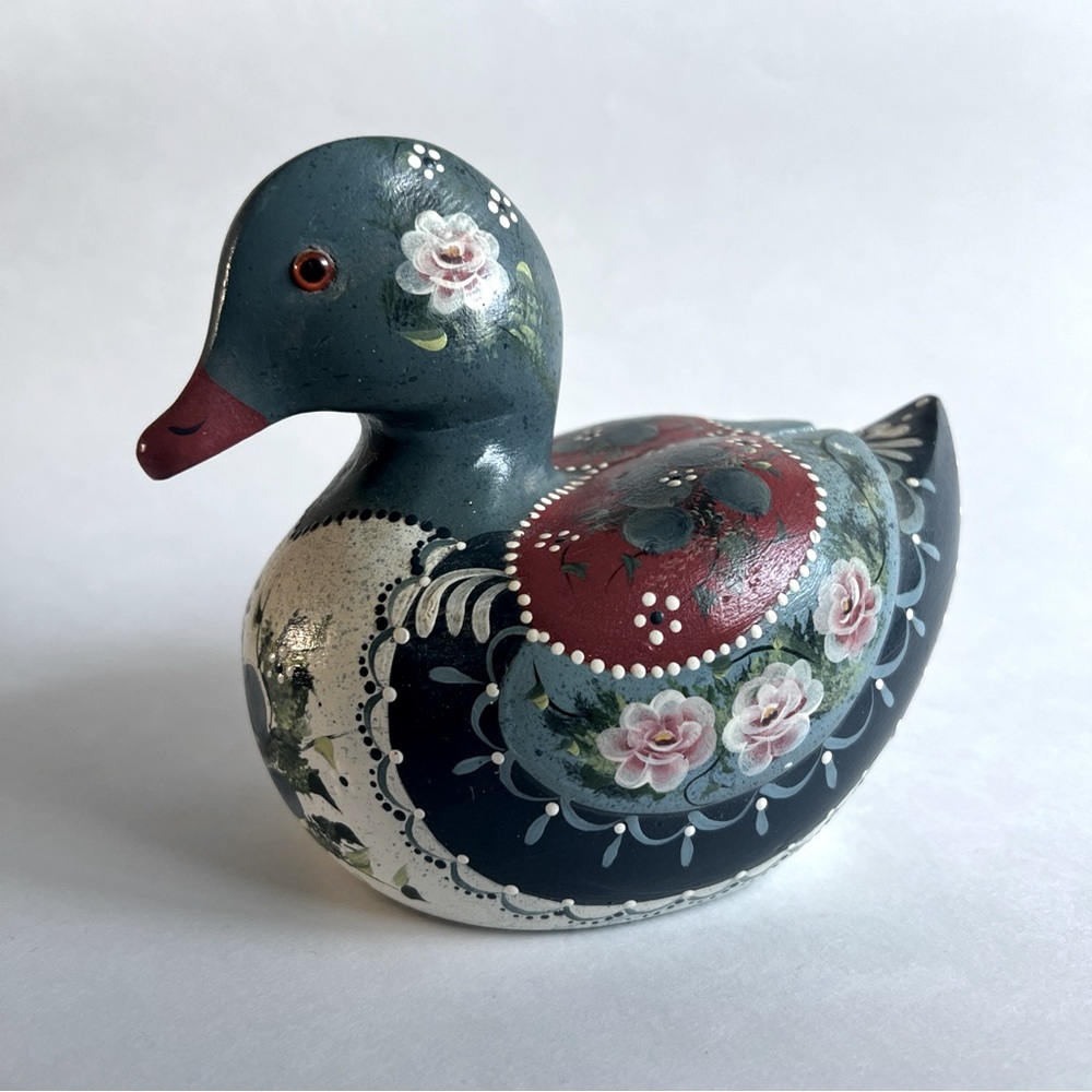 Hand Painted Wooden Duck Decoy VTG Folk Farm Floral Country Primitive